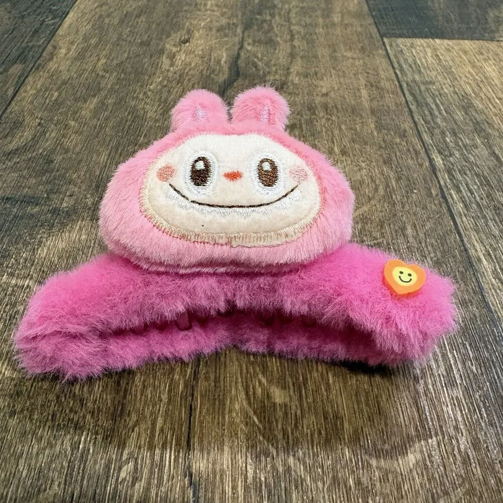 Labubu Inspired Pink Fuzzy Plush Hair Claw Clip Kawaii Monster Bunny Cute